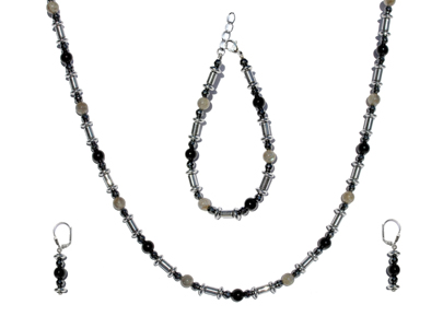 BELLASIX ® 1617-SET Halskette, Ohrringe, Armband, 925 Silber / Verschluss,  Labradorit, Onyx, hematine