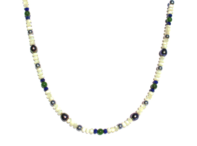 BELLASIX ® 1619-K necklace collier, 925 silver / lobster clasp, lapis lazuli, jade, pearl, fresh water cultivated pearl, hematine