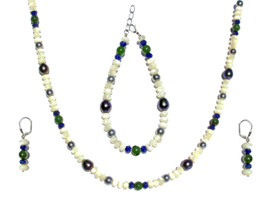 BELLASIX ® 1619-SET necklace, earrings, bracelet, 925 silver / lobster clasp,  lapis lazuli, jade, pearl, fresh water cultivated pearl, hematine
