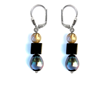 BELLASIX ® 1620-O earrings, 925 silver / lobster clasp, labradorite, onyx, fresh water cultivated pearl