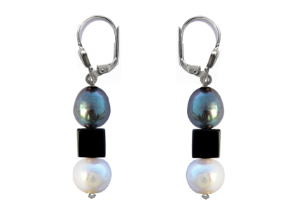 BELLASIX ® 1622-O earrings, 925 silver / lobster clasp, fresh water cultivated pearl, Onyx, hematine