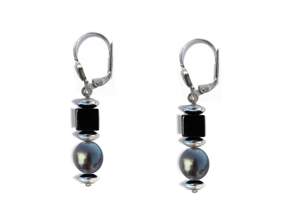 BELLASIX ® 16241-O earrings, 925 silver / lobster clasp, fresh water cultivated pearl, onyx, hematine