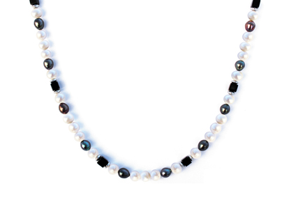 BELLASIX ® 1624-K necklace collier, 925 silver / lobster clasp, fresh water cultivated pearl, onyx, hematine