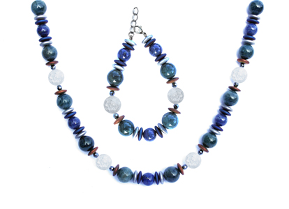 BELLASIX ® 1637-SET necklace, bracelet, 925 silver / lobster clasp,  mountain crystal, lapis lazuli, apatite, hematine