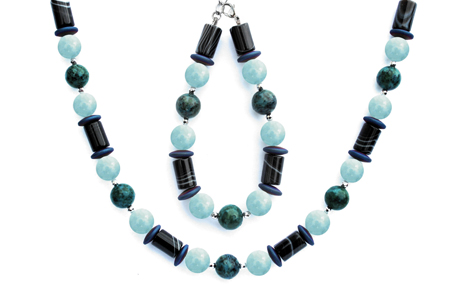BELLASIX ® 1641-SET necklace, bracelet, 925 silver / lobster clasp,  aquamarine, sardonyx, chrysokolla, hematine