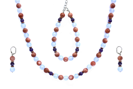 BELLASIX ® 1648-SET necklace, earrings, bracelet, 925 silver / lobster clasp,  chalcedony, amethyst, sunstone, hematine