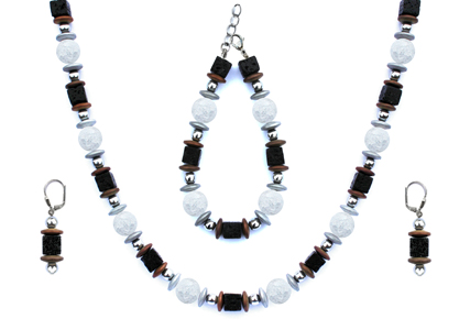 BELLASIX ® 1655-SET Halskette, Ohrringe, Armband, 925 Silber / Verschluss,  Bergkristall, Lava, Hematine