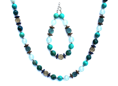 BELLASIX ® 1659-SET necklace, bracelet, 925 silver / lobster clasp,  aquamarine, turquoise, chrysokolla, hematine