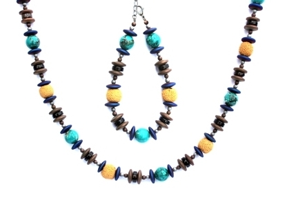 BELLASIX ® 1660-SET necklace, earrings, bracelet, 925 silver / lobster clasp,  turquoise, smoky quartz, lava, hematine