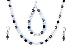 BELLASIX ® 1624-SET necklace, earrings, bracelet, 925 silver / lobster clasp,  fresh water cultivated pearl, onyx, hematine