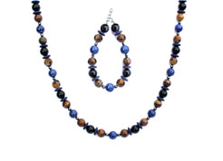 BELLASIX ® 1635-SET necklace, bracelet, 925 silver / lobster clasp,  lapis lazuli, onyx, tiger iron, hematine