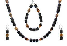 BELLASIX ® 1656-SET necklace, earrings, bracelet, 925 silver / lobster clasp,  tiger eye, lava, hematine