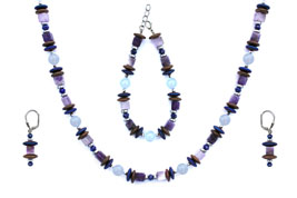 BELLASIX ® 1657-SET necklace, earrings, bracelet, 925 silver / lobster clasp,  chalcedony, amethyst, lapis lazuli, hematine