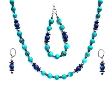 BELLASIX ® 1662-SET necklace, earrings, bracelet, 925 silver / lobster clasp,  turquoise, lapis lazuli, hematine