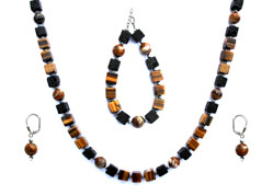 BELLASIX ® 1667-SET necklace, earrings, bracelet, 925 silver / lobster clasp,  tiger eye, tiger iron, lava, hematine