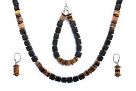 BELLASIX ® 1668-SET necklace, earrings, bracelet, 925 silver / lobster clasp,  tiger eye, lava, hematine